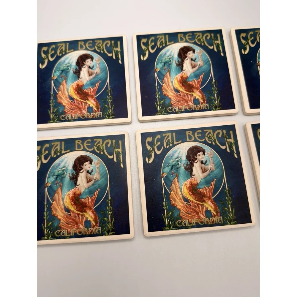 Seal Beach California Mermaid Ceramic Tile Coasters Set of 6 Cork Back Coastal
